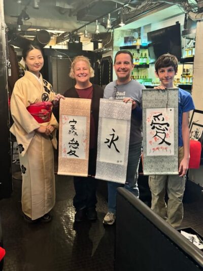 Calligraphy on Kanji Fan & Scroll with Drink