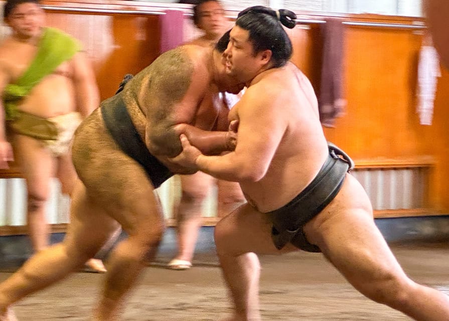 Tokyo: Sumo Morning Practice with journalists. Not fake show - Inside Takasago-beya During Morning Practice